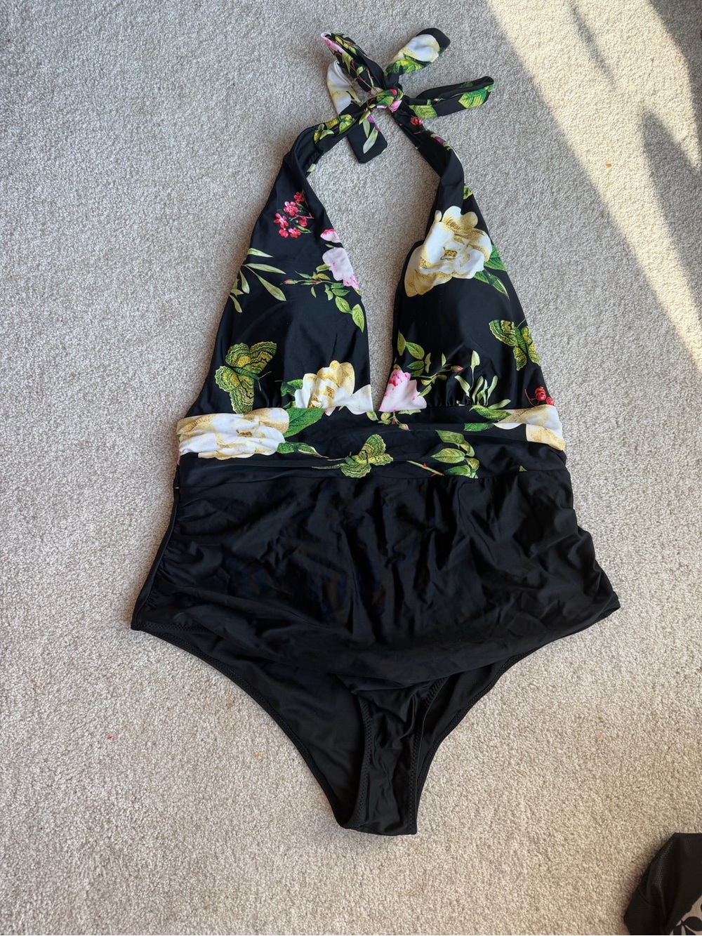Cupshe Black Floral Halter One-Piece Swimsuit with Green and White Accents